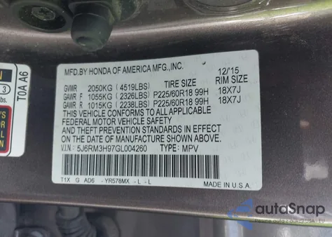 2016 Honda Cr-V Touring z USA, uszkodzony, nr VIN 5J6RM3H97GL004260